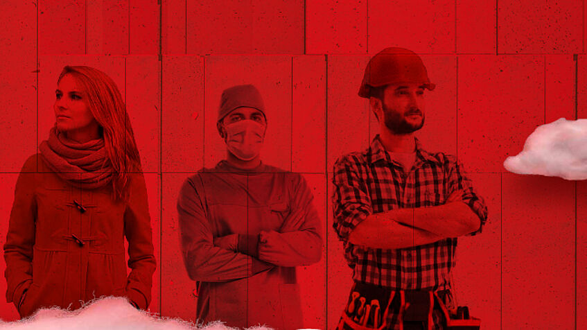 Eine Frau, ein Mann in OP-Outfit und ein Mann mit Baustellenschutzhelm vor einer Wand, alles rot eingefärbt