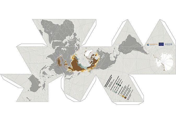 Faltkarte zur Visualisierung der Verteilung von Permafrost, Link zur Quelle