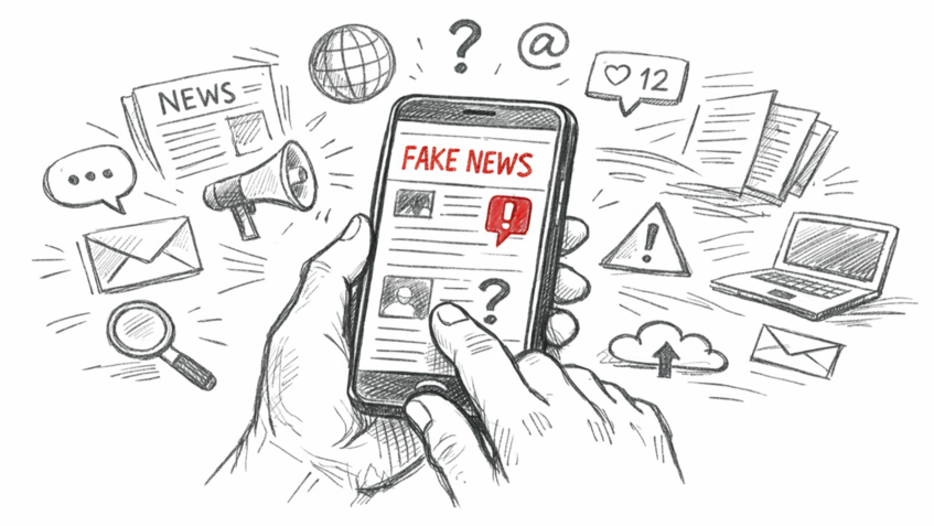 Zwei Hände halten ein Smartphone mit der Aufschrift „Fake News“. Darum herum Symbole wie Zeitung, Megafon, E-Mail, Laptop und Warnzeichen – Hinweis auf digitale Informationsflut und Ungewissheit.