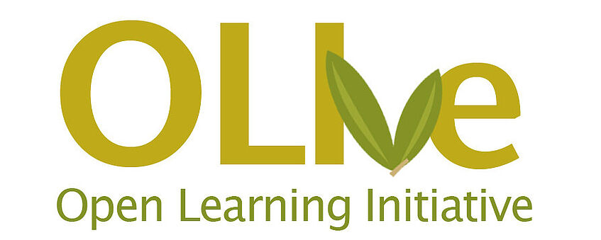 Schriftzug OLive groß mit zwei grünen Blättern als V. Darunter in klein: open learning initiative