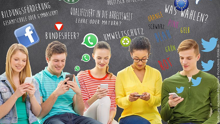Vier jugendliche sitzen in ihr Smartphone vertieft nebeneinander, über ihnen schweben Logos von Apps und Begriffe aus der Poltiik