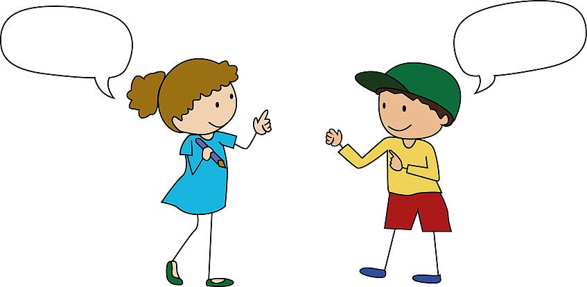 Comic mit zwei Kindern die einander zugewandt sind jedes mit einer leeren Sprechblase auf weißem Grund.